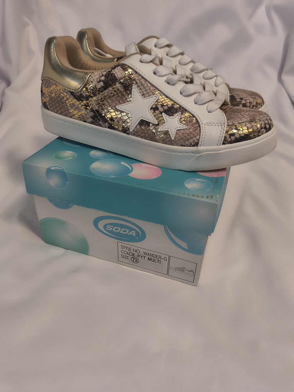 SODA Women’s Multi Metallic Snake-Print Sneakers with White Star Accent